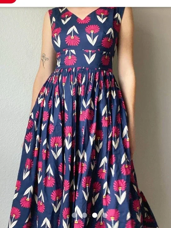 Modcloth Navy Midi Dress with Pink and Cream Floral Print - Picture 2 of 10